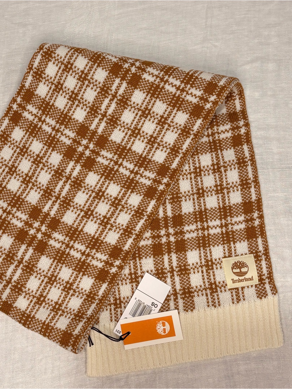 Timberland Cream and Camel Plaid Knit scarf Brand New